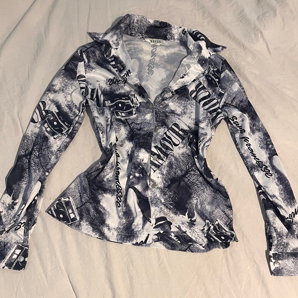 News paper print Black and White Graphic Button-Up Shirt